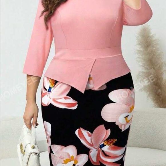 Plus Floral Print Bodycon Dress with Asymmetrical Neck & Peplum Waist (S=3XL/18) - Picture 2 of 8